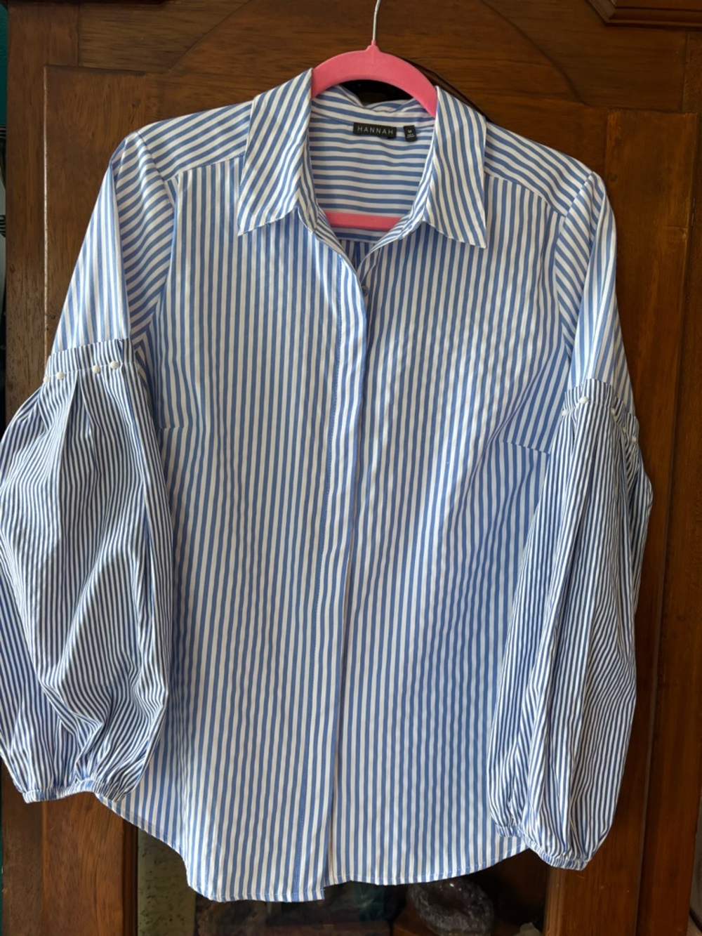Hannah Blue & White Striped Balloon-Sleeve Shirt